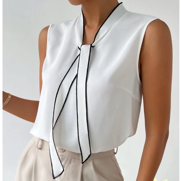 Rouge! | Tops | White Blouse Black Trim Tie Front Neck Sleeveless ...